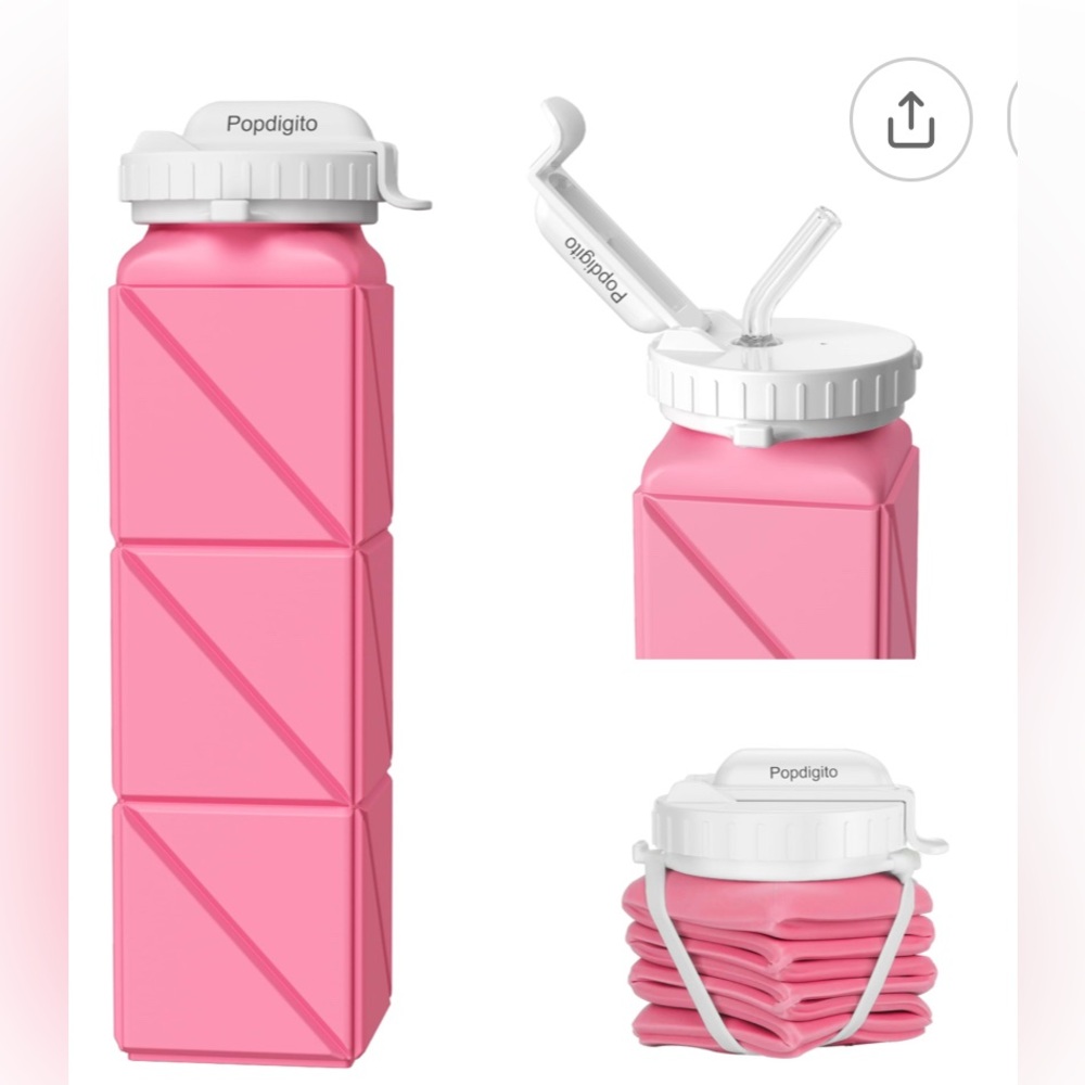 NIB Bundle of 3 Popdigito Pink Collapsible Water Bottle BPA-Free Silicone